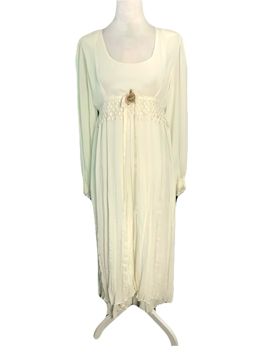 Vintage 1970s Ivory Long Sleeve Empire Crochet Dress Cottagecore Boho Prairie